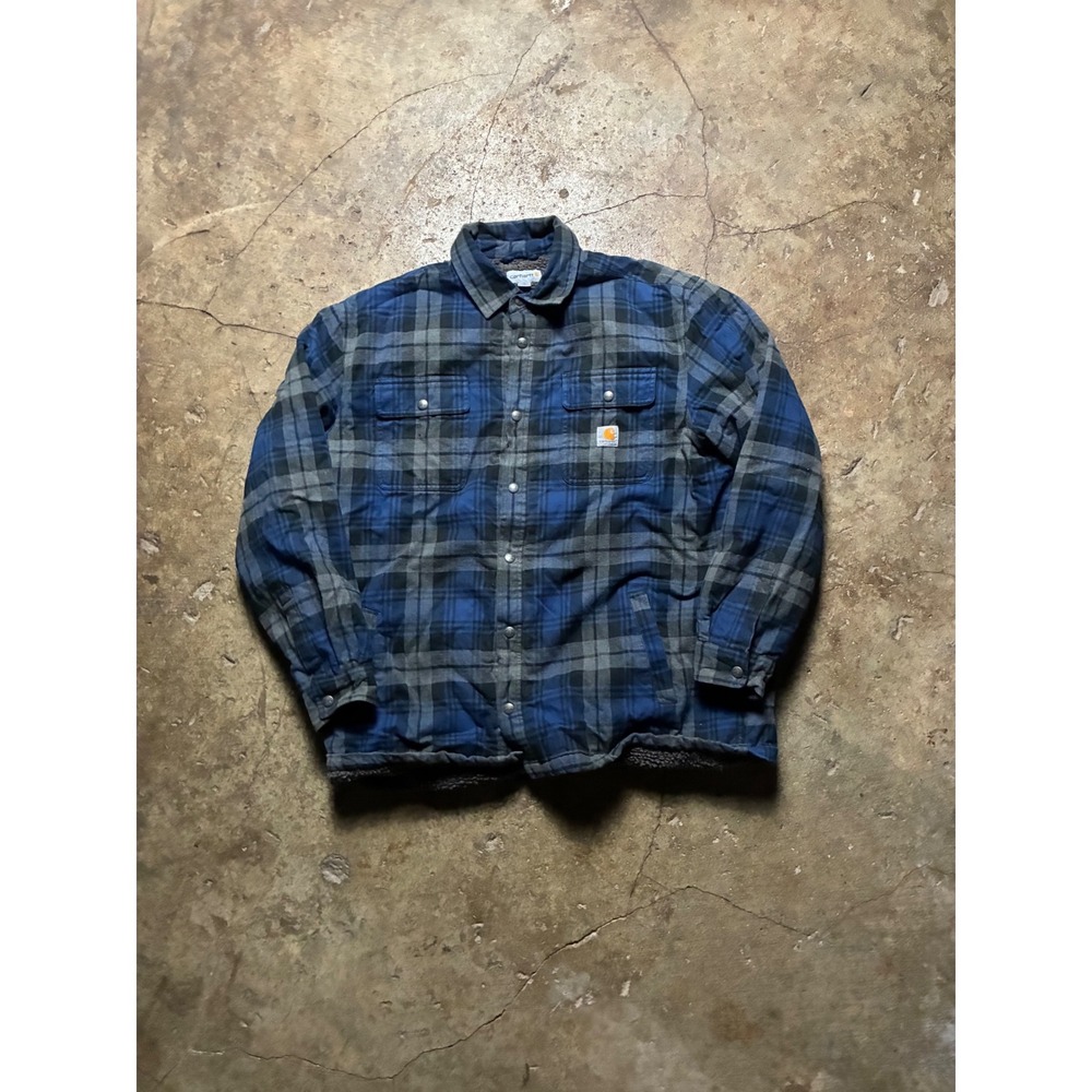 Carhartt Mens XL Blue Grey Plaid Sherpa Lined Flannel Shirt Jacket Relaxed Fit